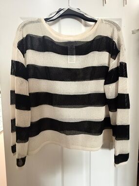 Striped Open-Knit Sweater - Black and Cream